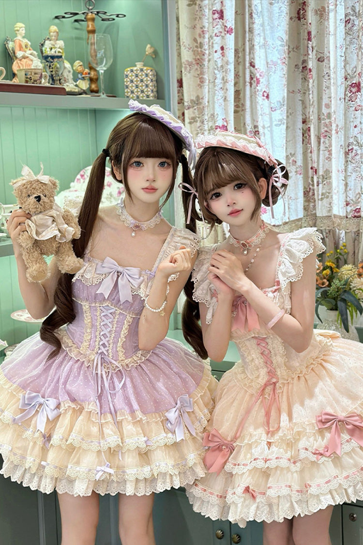 Apricot [Flory Butterfly] Double-Layered Ruffle Bowknot Lace Lace-Up Sweet Ballet Lolita Jsk Dress
