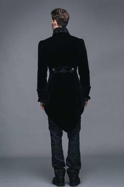 Black Embroidered Collar Long Sleeves Mens Velveteen Tuxedo Gothic Coat