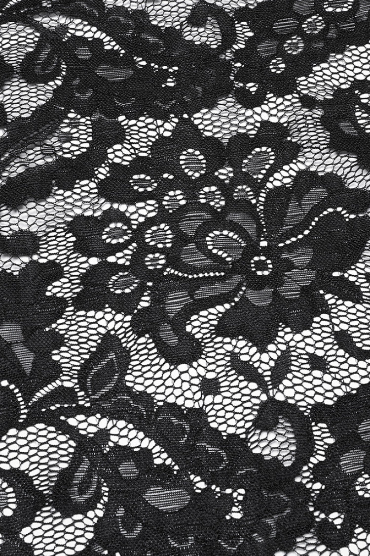 Black Embroidery Split Lace Women's Gothic Skirt with Studded Chain