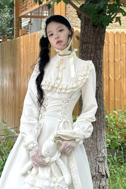 Apricot Stand Collar Long Sleeves Ruffled Lace-Up Gothic Lolita Dress