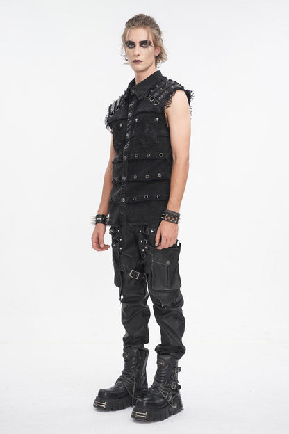 Black Lapel Collar Studded Slim Men's Punk Vest