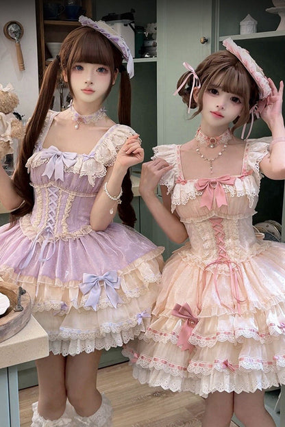 Apricot [Flory Butterfly] Double-Layered Ruffle Bowknot Lace Lace-Up Sweet Ballet Lolita Jsk Dress