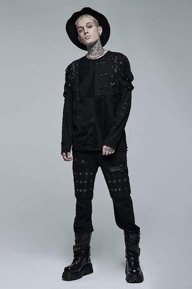 Black Gothic Broken Holes Knitted Fabric Stitching Metal Buckle Detachable Decorative Tape Long Sleeve Men's T-Shirt