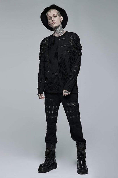 Black Gothic Broken Holes Knitted Fabric Stitching Metal Buckle Detachable Decorative Tape Long Sleeve Men's T-Shirt
