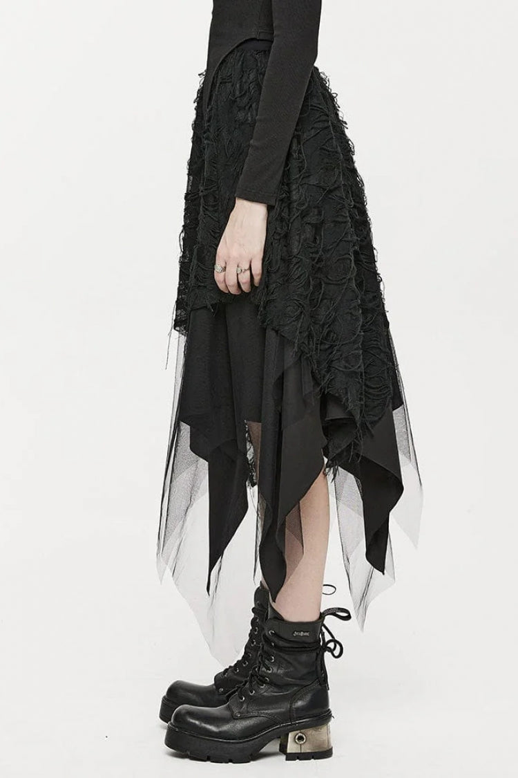 Black Butterfly Metal Buckle Irregular Hem Ripped Women's Punk Skirt