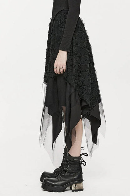 Black Butterfly Metal Buckle Irregular Hem Ripped Women's Punk Skirt