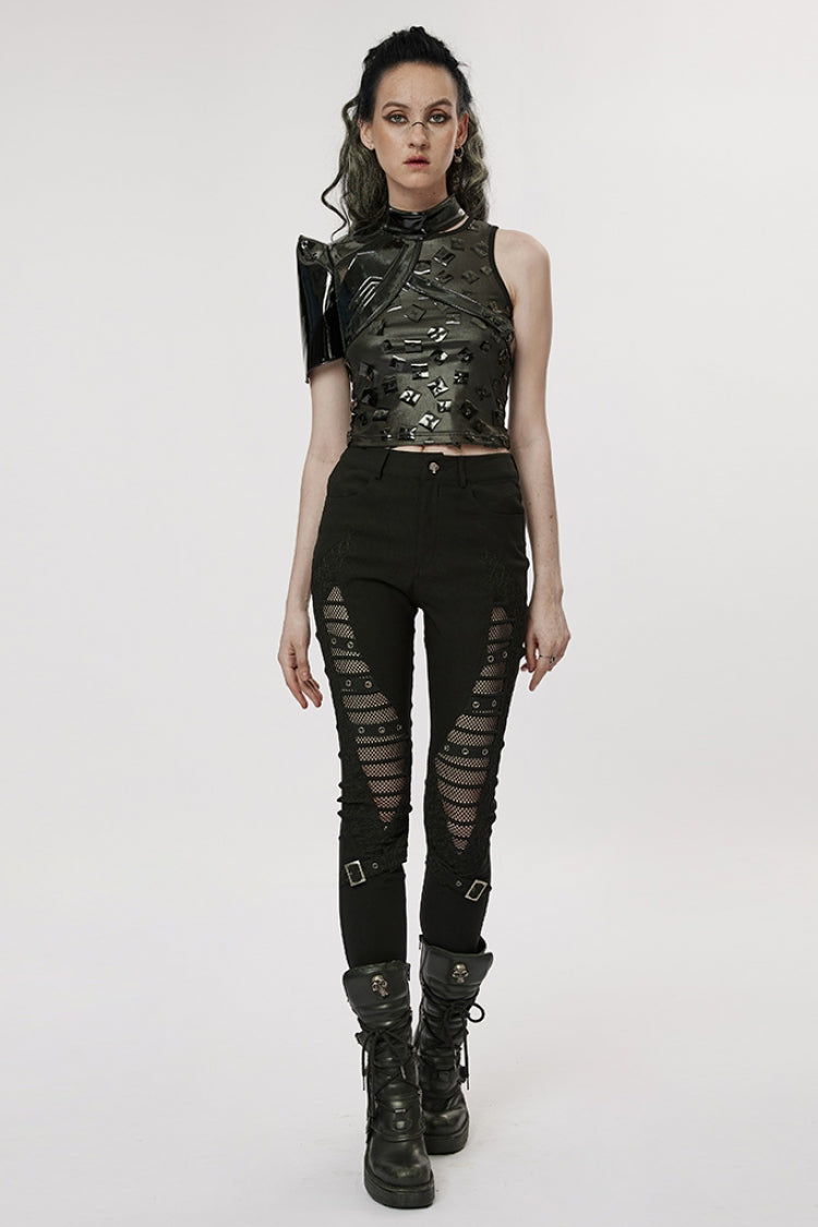 Black Hollow Japanese Buckles Stitching Mesh Women's Gothic Leggings
