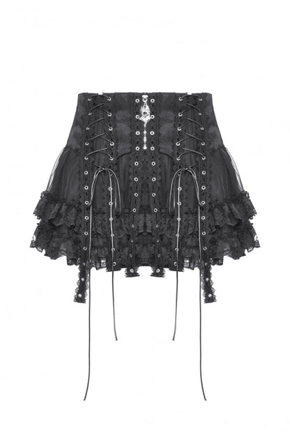 Black Layered Lace Mesh Lace-Up Zippered Women's Punk Mini Skirt