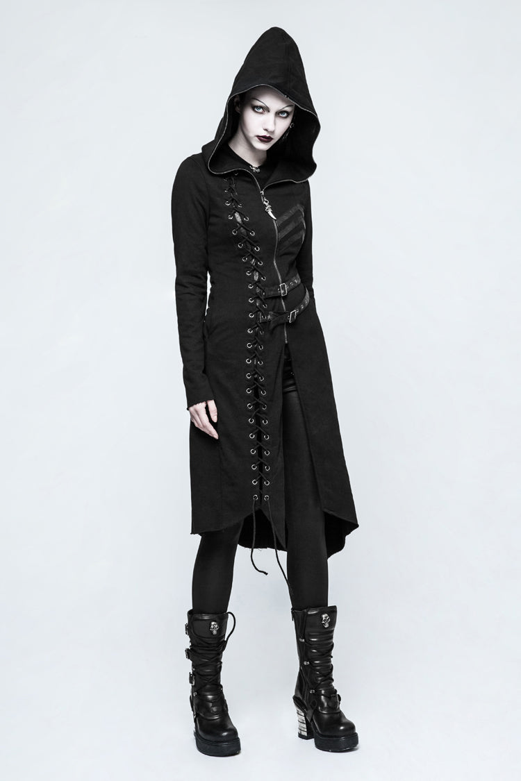 Black Long Sleeves Hooded Asymmetric Women's Gothic Military Coat With Belt