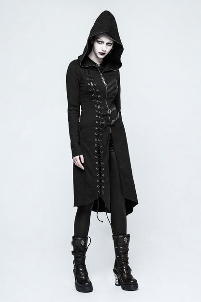 Black Long Sleeves Hooded Asymmetric Women's Gothic Military Coat With Belt