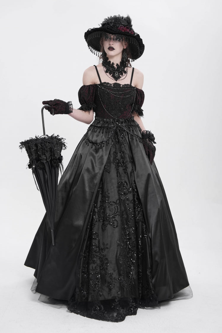 Black Off Shoulder Short Sleeves Jacquard Cardigan Stitching Lace Women's Gothic Dress