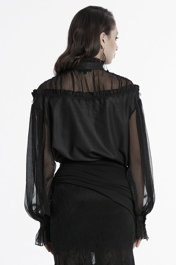 Black Long Sleeves Ruffle Sheer Mesh Women's Gothic Blouse