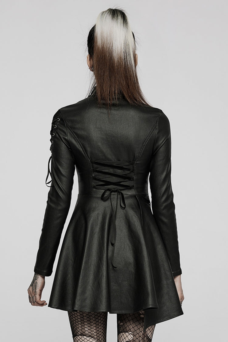 Black Long Sleeves Stitching Slim Mesh Asymmetric Hem Women's Steampunk Dress