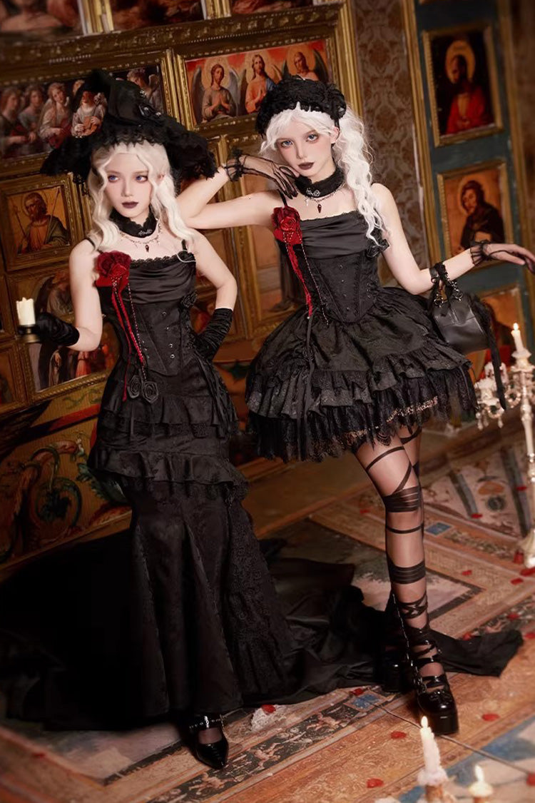 Black  [Letters & Poems · Twilight] Multi-Layered Jacquard Ruffled Witch Gothic Lolita Skirt 2 Versions