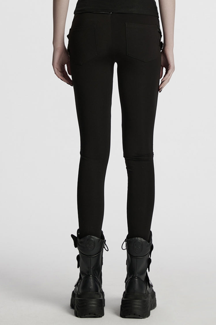 Black Buckle Straps Pleated Women's Punk Leggings