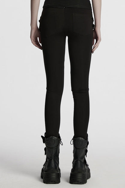 Black Buckle Straps Pleated Women's Punk Leggings