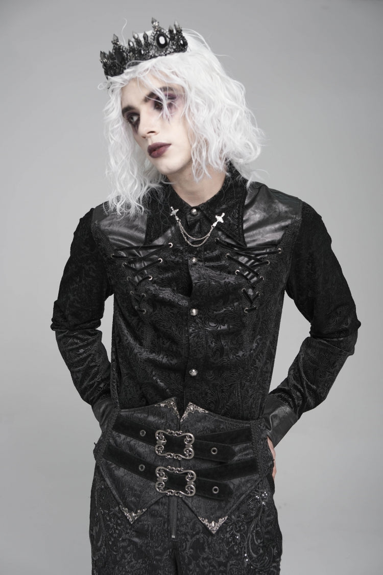 Black Lapel Collar Long Sleeves Print Embroidery Lace-Up Men's Gothic Blouse
