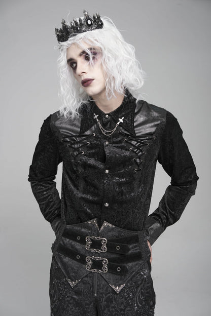 Black Lapel Collar Long Sleeves Print Embroidery Lace-Up Men's Gothic Blouse
