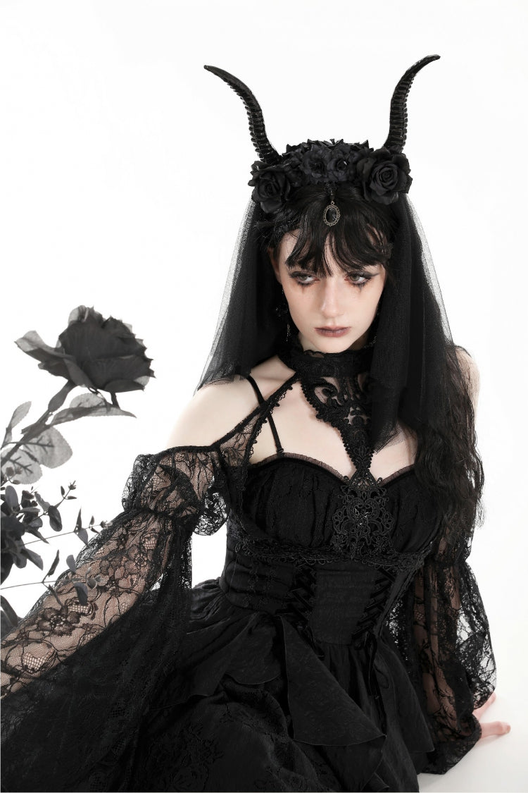 Black Off Shoulder Long Puff Sleeves Cut-Out Lace Women's Gothic Cape