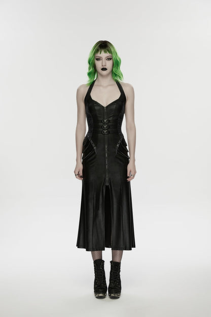 Black Halterneck Sleeveless Lace-Up Slim Buckled Women's Punk Dress