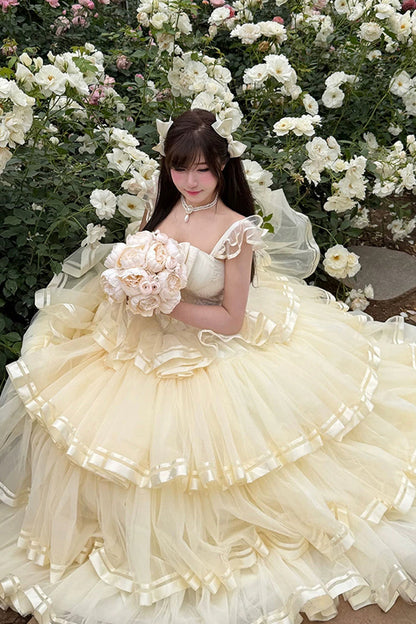 Apricot [Sweet Organza Satin] Sleeveless Multi-Layered Ruffled Hanayome Bow Lace Sweet Elegant Princess Lolita Jsk Dress