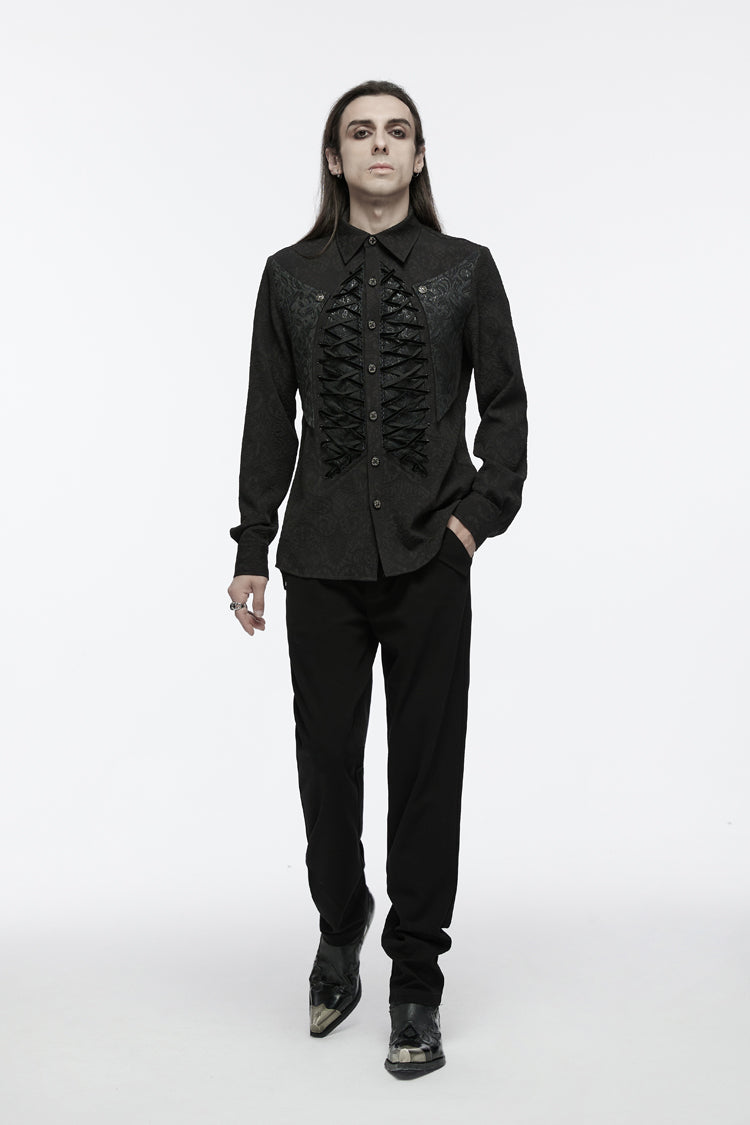 Black Lapel Collar Long Sleeves Jacquard Print Drawstring Lace-Up Men's Gothic Blouse