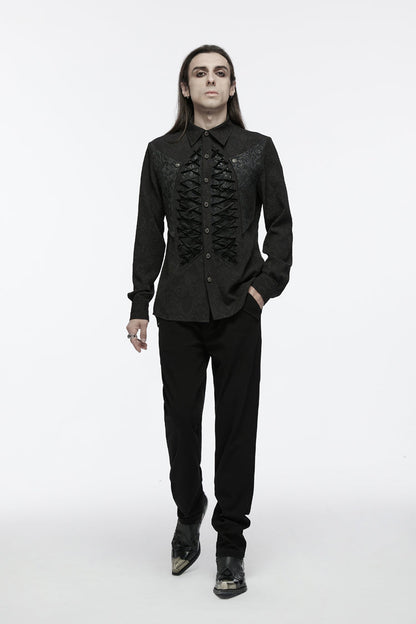 Black Lapel Collar Long Sleeves Jacquard Print Drawstring Lace-Up Men's Gothic Blouse
