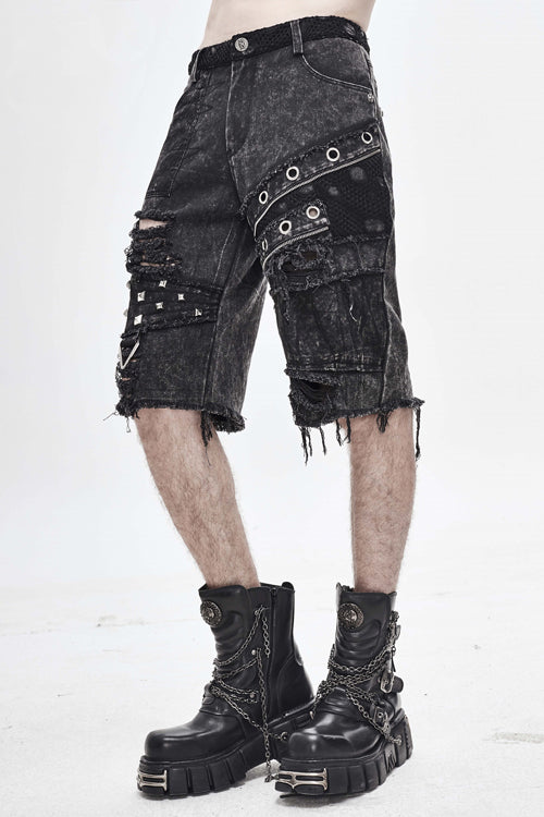 Black Decadence Punk Rock Nailed Ragged Shorts Mens Pants