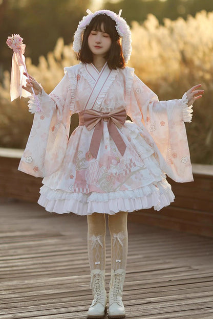 Apricot Long Trumpet Sleeves Cherry Blossom Print Ruffle Sweet Japanese Lolita Dress
