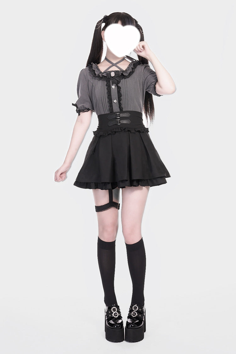 Black Leather Buckle Leg Ring Double-Layered Ruffle Sweet Jirai Kei Japanese Skirt