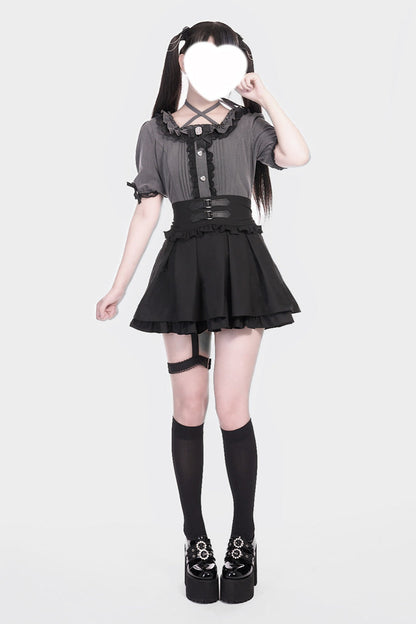 Black Leather Buckle Leg Ring Double-Layered Ruffle Sweet Jirai Kei Japanese Skirt