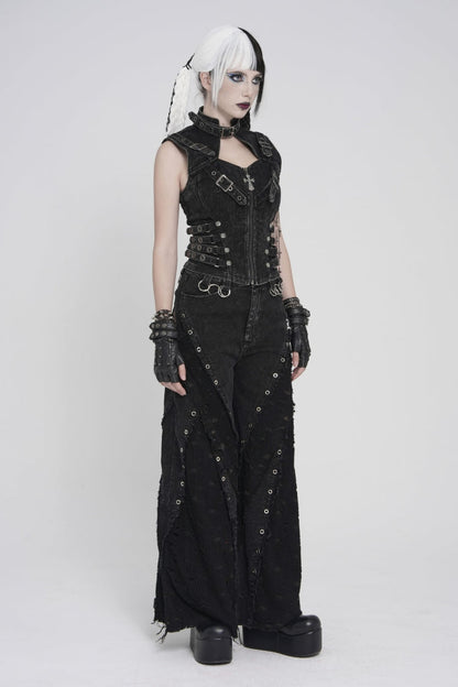 Black Halterneck Slim Buckled Zippered Women's Punk Vest