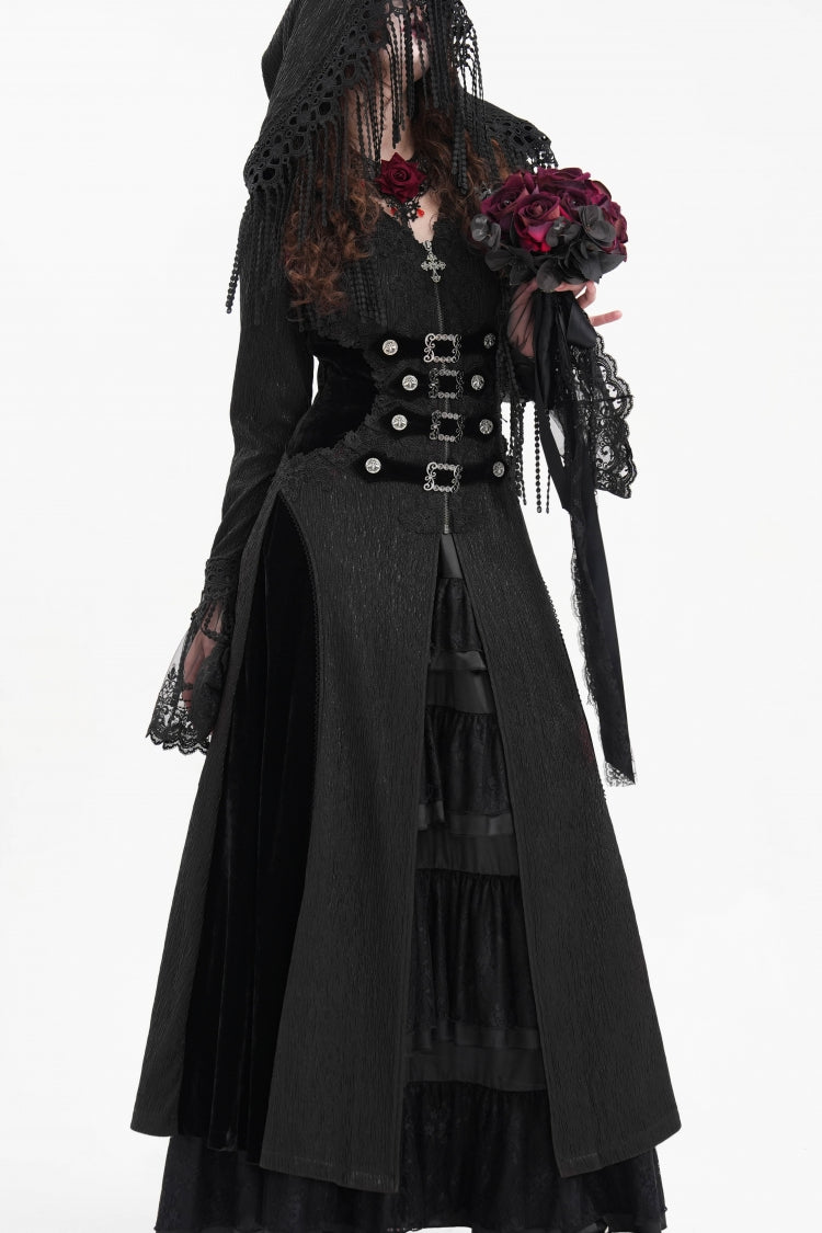Black Buckle-up Tassels Hooded Women's Gothic Coat