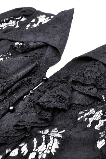 Black Lapel Collar Long Sleeves Ruffled Irregular Lace Lace-Up Women's Gothic Jacket Dress