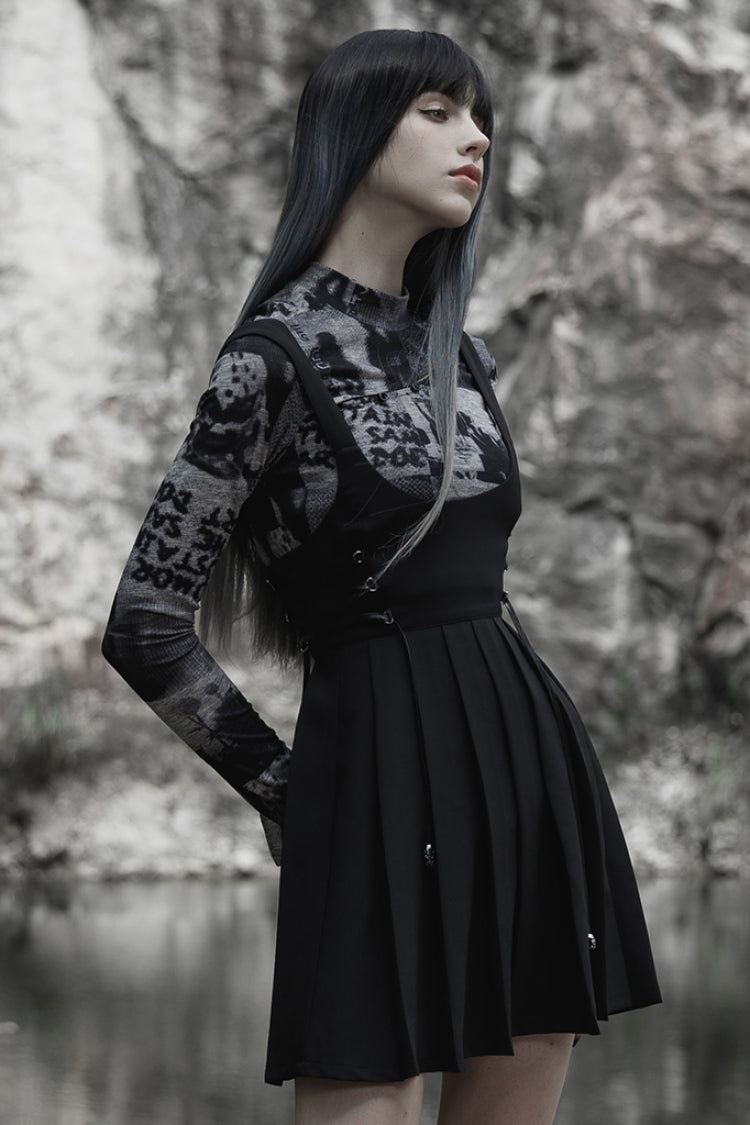 Black High Waisted Women's Pleated Gothic Slip Dress