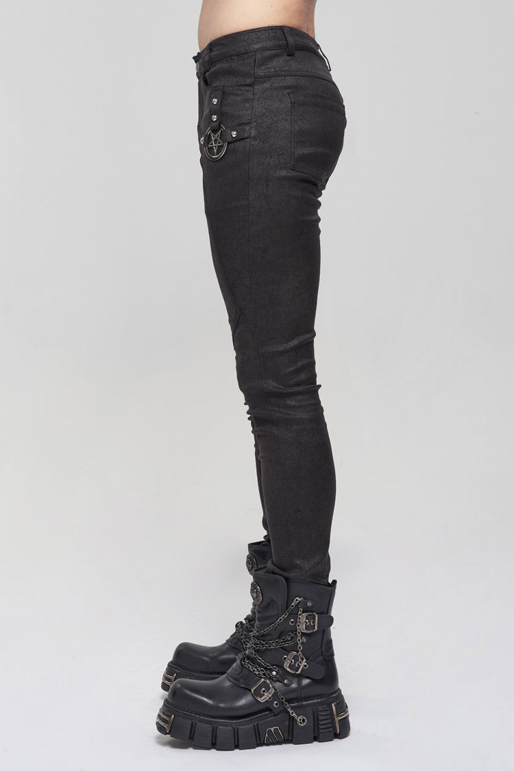 Black Basic Funds Metal Pentagram Crackle Punk Slim Men's Pants