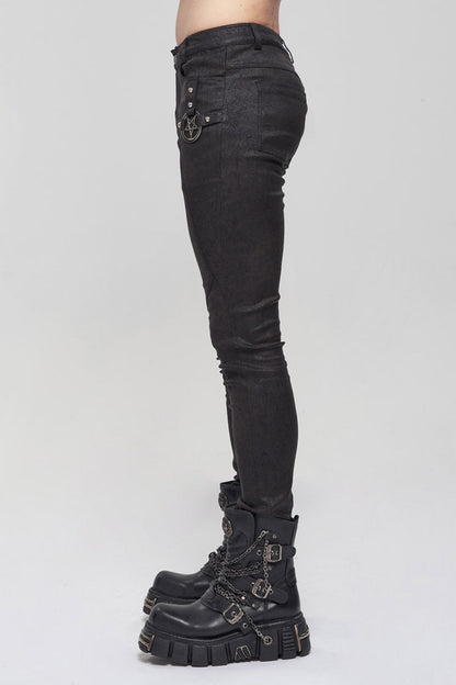 Black Basic Funds Metal Pentagram Crackle Punk Slim Men's Pants