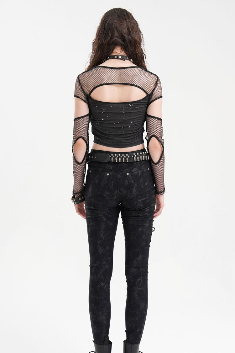 Black Long Sleeves Hollow Mesh Ripped Women's Punk Corset