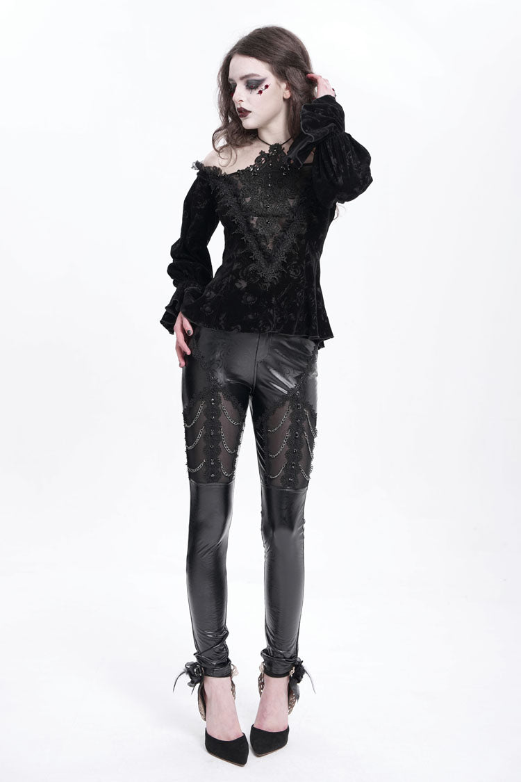 Black Chain Faux Leather Stitching Lace Women's Gothic Pants