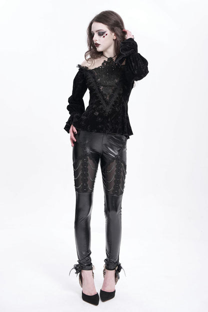 Black Chain Faux Leather Stitching Lace Women's Gothic Pants