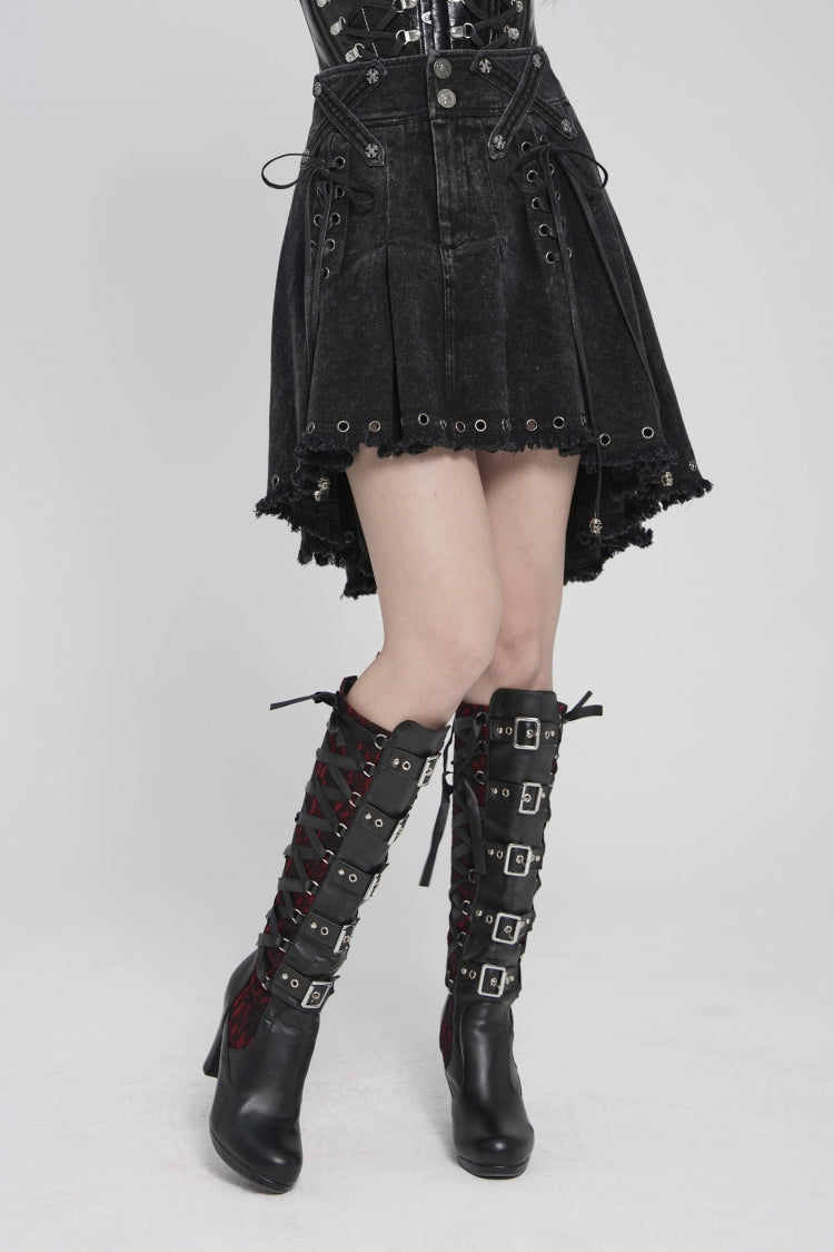 Black Lace-Up Pleated Eyelet Women's Punk Skirt