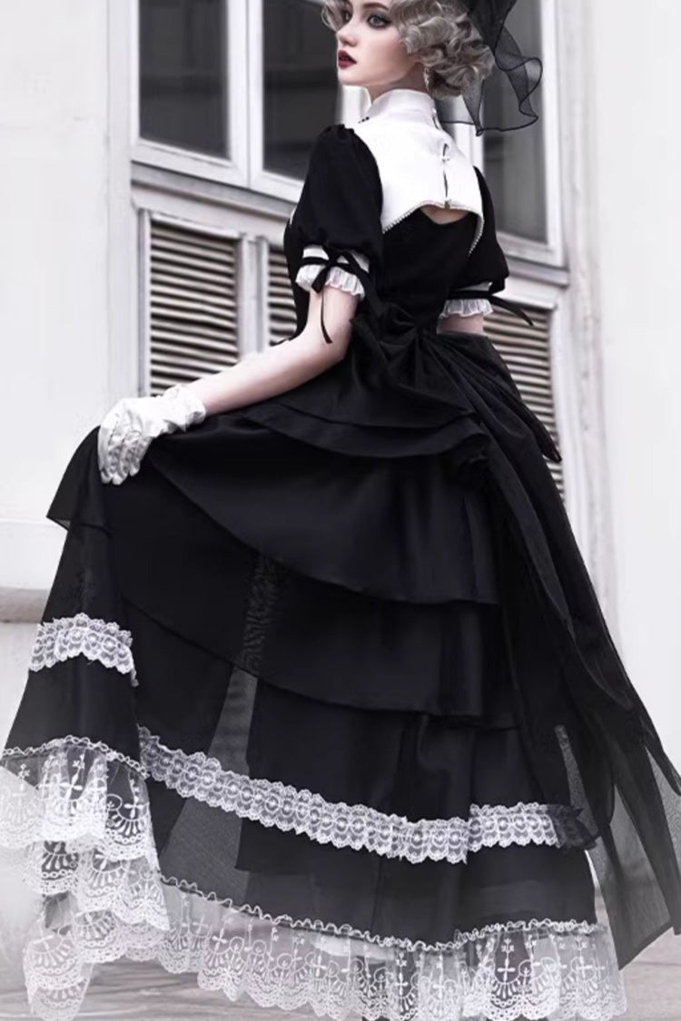Black Nun Style Prayer for the Dead Stitching Lace Sheer Gothic Lolita Dress Two-piece Set