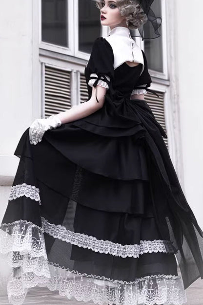 Black Nun Style Prayer for the Dead Stitching Lace Sheer Gothic Lolita Dress Two-piece Set
