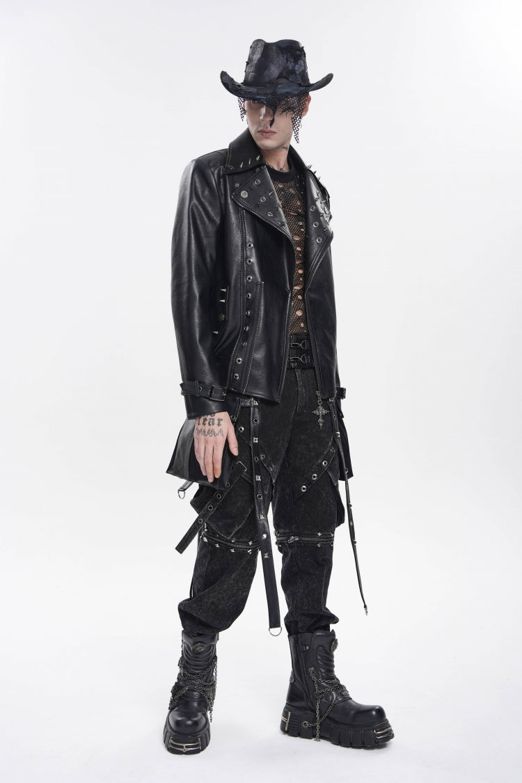 Black Lapel Collar Long Sleeves Studded Buckled Zippered Eyelet Women's Punk Jacket