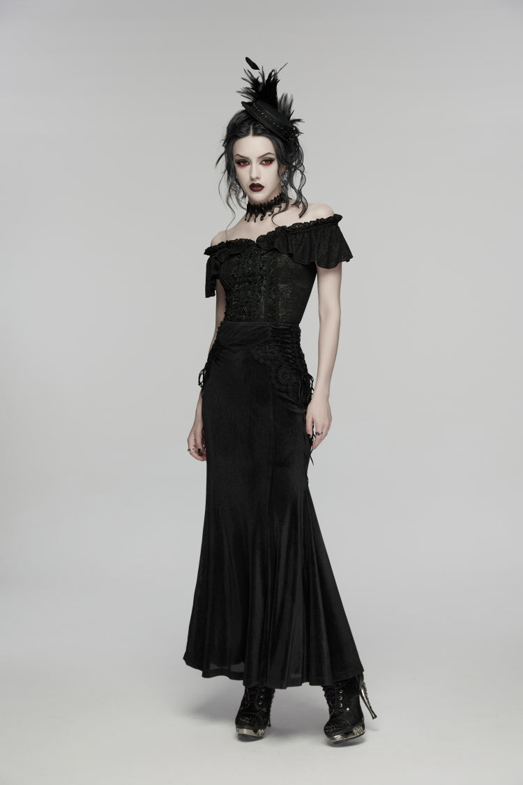 Black Embroidered Lace-Up Slim Women's Gothic Elegant Long Skirt