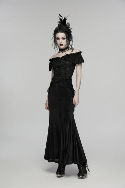 Black Embroidered Lace-Up Slim Women's Gothic Elegant Long Skirt
