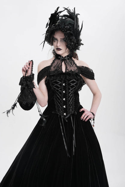 Black Off Shoulder Embroidery Lace Lace-Up Women's Gothic Gown Dress