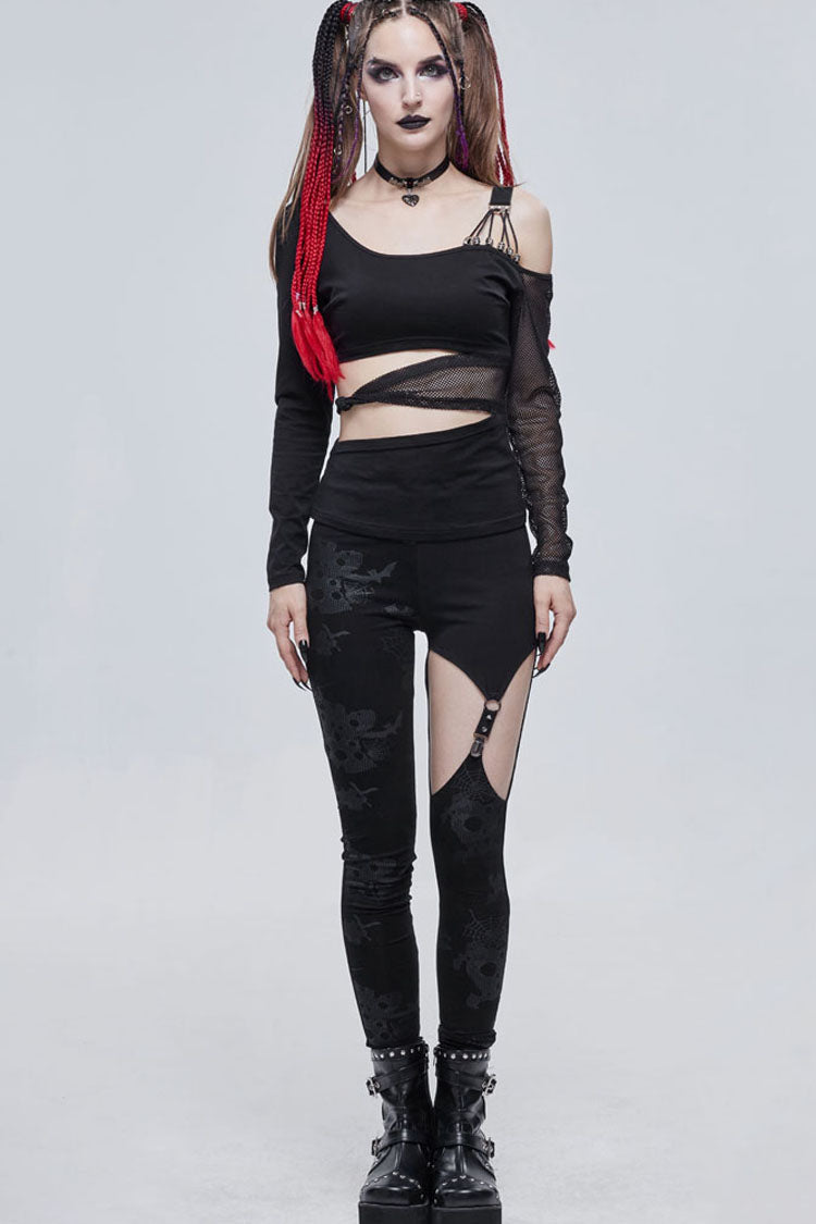 Black Gothic Off-The-Shoulder Asymmetrical Design Small Skull Decoration Long Sleeve Women's Shirt
