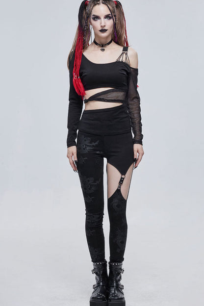 Black Gothic Off-The-Shoulder Asymmetrical Design Small Skull Decoration Long Sleeve Women's Shirt