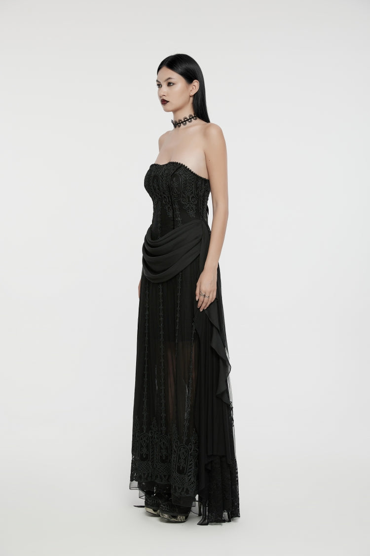 Black Off Shoulder Sleeveless Spliced Lace-Up Slim Pleated Women's Gothic Corset  Chiffon Strapless Dress